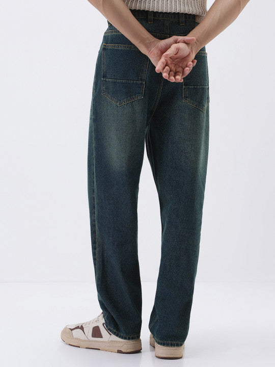 Men Denim Blue Loose Baggy Fit Heavy Washed Non-Stretchable Jeans
