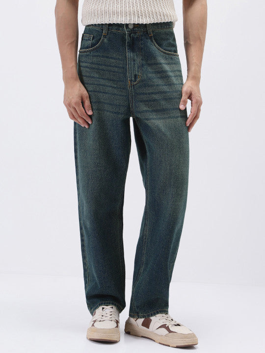 Men Denim Blue Loose Baggy Fit Heavy Washed Non-Stretchable Jeans