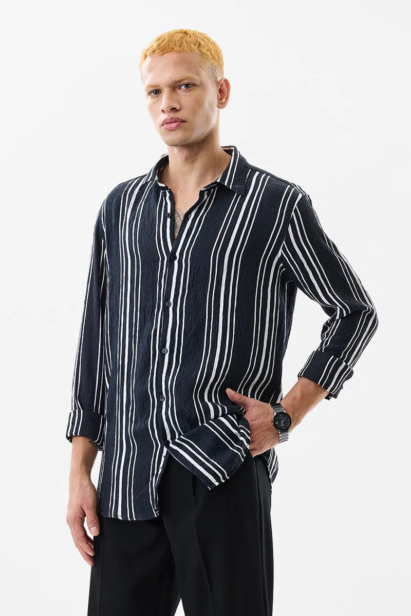 Slim Fit Stripes Black Shirt