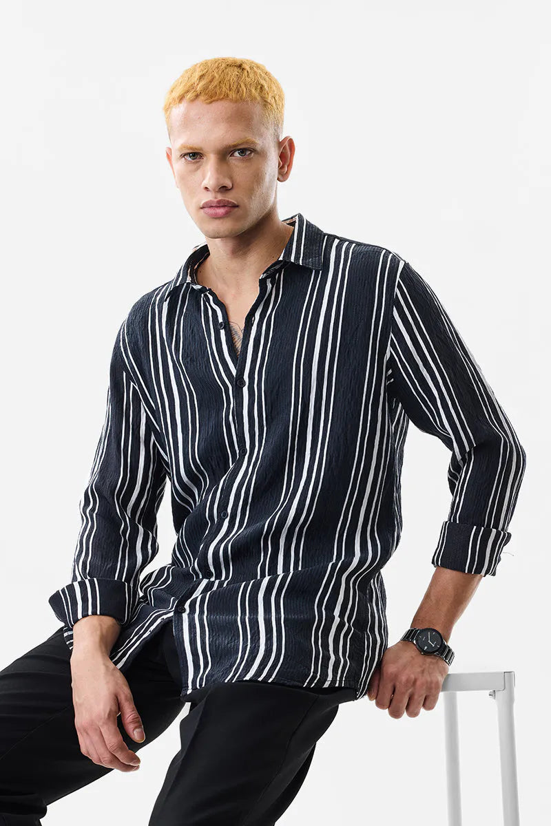 Slim Fit Stripes Black Shirt